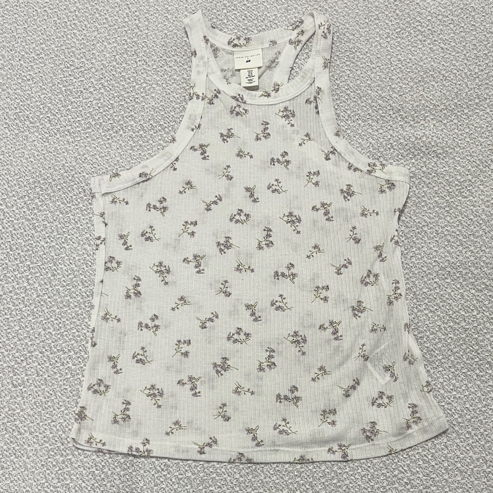 H&M Ribbed Floral Tank Top - White with Purple Floral Print